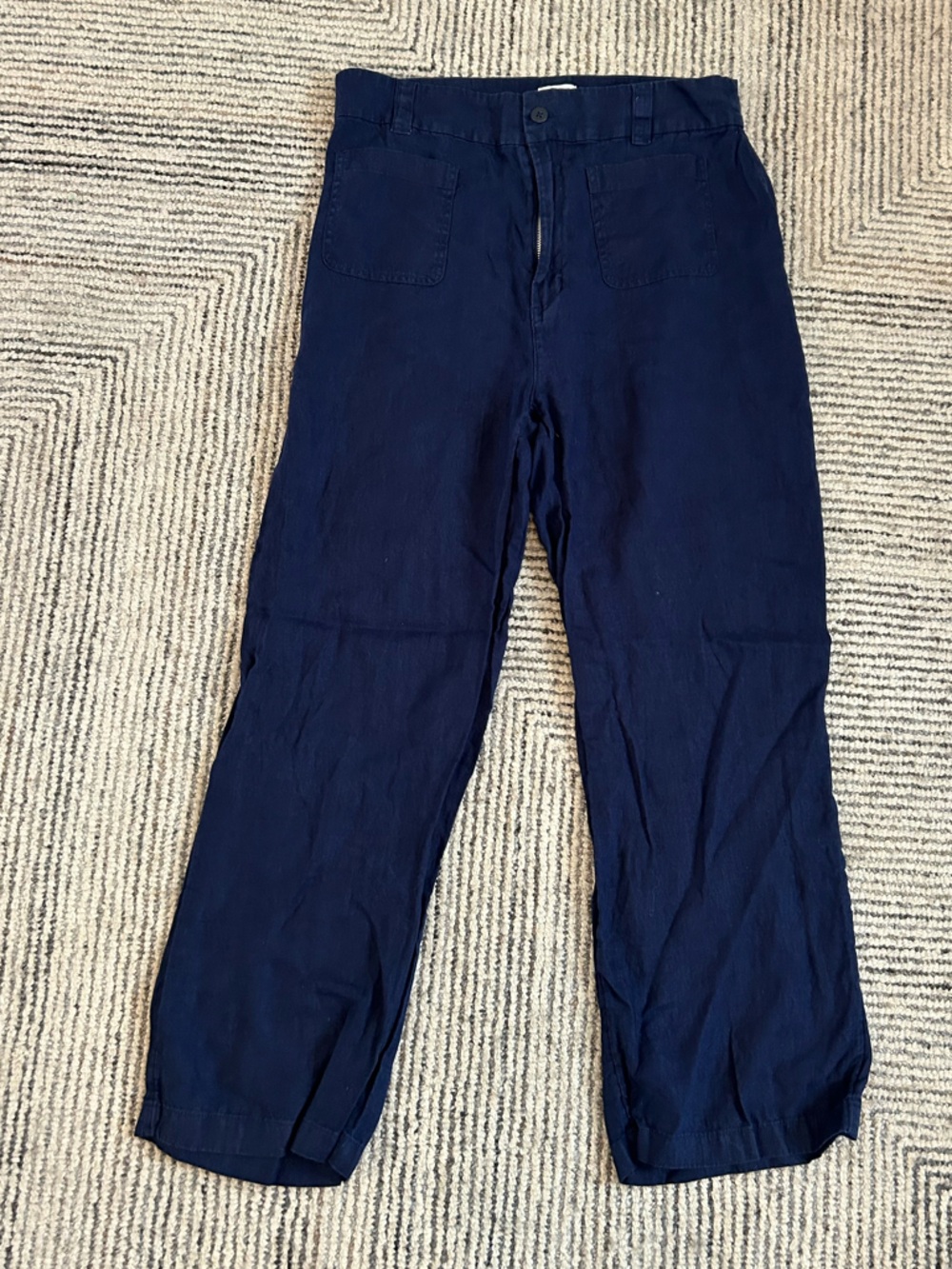 Nicole Miller Wide Leg Linen Pants Size 12 Navy Blue Womens Patch Pocket Coastal